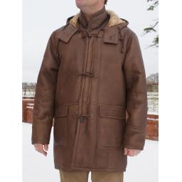 Men's Brown Shearling Sheepskin Duffle Coat - Detach Hood - Birkin -  with Hood