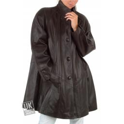 Women's Brown Leather Swing Coat - Plus Size - Delia - Front