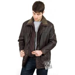 Men's Leather Coat in Brown - Elswick - Detachable Fleece Collar