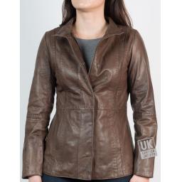 Womens Hip Length Zip Leather Jacket - Brown