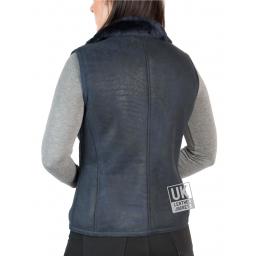 Womens Navy Blue Shearling Sheepskin Gilet – Zip Front - Back