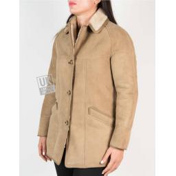 Womens Taupe Shearling Sheepskin Car Coat - Honor - Front