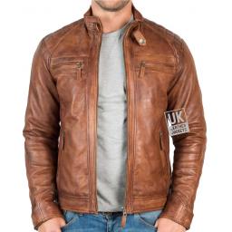 Mens Vintage Tan Leather Jacket - Kendal - Unzipped