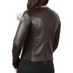 Womens Collarless Brown Leather Jacket – stretch side and sleeve panels - Back