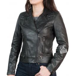 Womens Cross Zip Black Leather Jacket - Destiny - Front