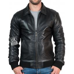 Mens Black Leather Bomber Jacket - Bristol - Front Zipped