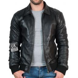 Mens Black Leather Bomber Jacket - Bristol - Front