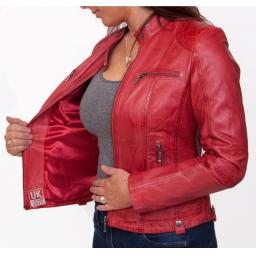 Womens Leather Biker Jacket - Jasmine - Red - Lining