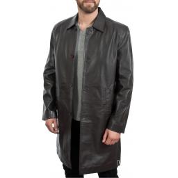 Men's Knee Length Brown Leather Coat - Saint - Front