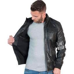 Mens Black Leather Bomber Jacket - Bronson - Lining