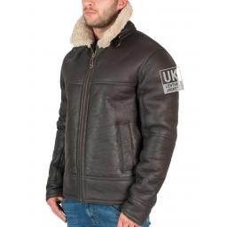 Mens Shearling Sheepskin Flying Jacket - Calgary - Brown- Front Side