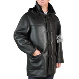 Finest Men's Black Shearling Sheepskin Duffle Coat - Regent - Front