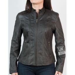 Ladies Dark Brown Classic Zip Leather Jacket - Crushed Finish - Front