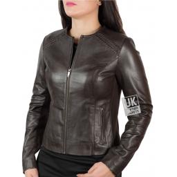 Womens Collarless Brown Leather Jacket – stretch side and sleeve panels - Front