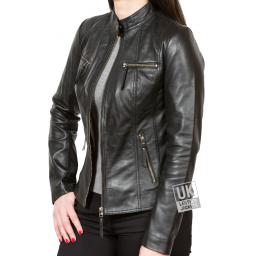 Women's Black Leather Biker Jacket - Leone - Open