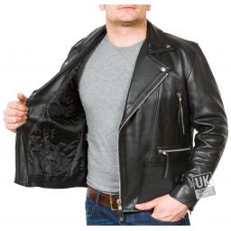 Men's Cross Zip Biker Jacket - Superior Black Cow Hide - Ramones - Lining