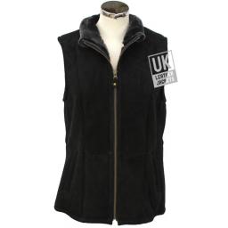 Womens Shearling Sheepskin Zip Gilet - Black Suede - Front