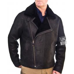 Mens Black Shearling Sheepskin Flying Jacket - Vail - Front 1