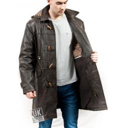 Mens Brown Nappa Leather Duffle Coat - Detach Hood - Avon - Lining