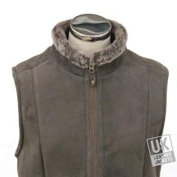 Womens Shearling Sheepskin Zip Gilet - Grey Suede - Zip High Collar