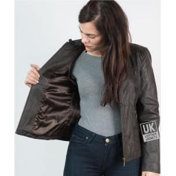 Ladies Dark Brown Classic Zip Leather Jacket - Crushed Finish - Lining