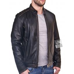 Mens Burnished Black Leather Jacket - Omega - Unzipped