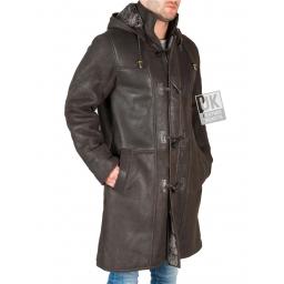 Mens Shearling Sheepskin Duffle Coat - Detach Hood - Colorado - Matt Brown - Front