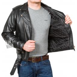 Men's Cross Zip Belted Biked Jacket - Superior Black Cow Hide - Brando - Lining