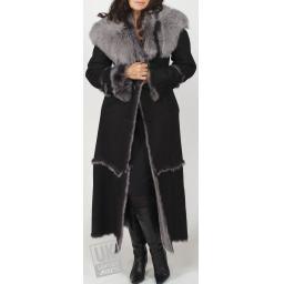 Finest Full Length Hooded Toscana Lambskin Coat in Black - Luna - Front 2