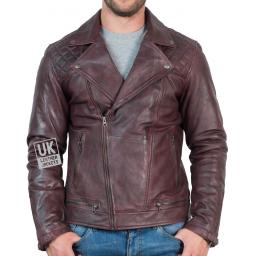 Mens Leather Biker Jacket - Hurricane - Burgundy - Front