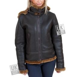 Women's Sheepskin Flying Jacket - Detach Hood - Brown - Front Zipped To Collar