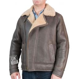 Mens Shearling Sheepskin Flying Jacket - Nevada - Vintage Brown - Front