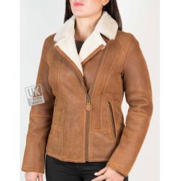 Womens Tan Shearling Sheepskin Flying Jacket - Front Cross Zip