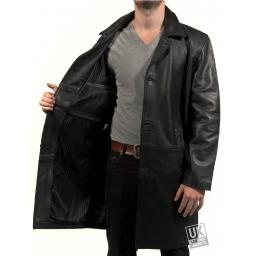 Men's Knee Length Black Cow Hide Leather Coat - Saint - Lining