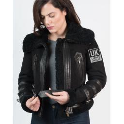 Womens Belted Shearling Sheepskin Jacket – Alana - Black - Buckle