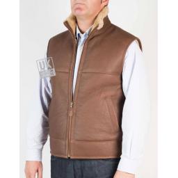 Mens Shearling Sheepskin Gilet - Vancouver - Chestnut Tan - Front