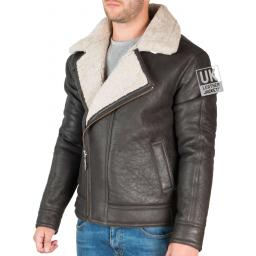 Mens Dark Brown Shearling Sheepskin Flying Jacket - Vail - Front Side