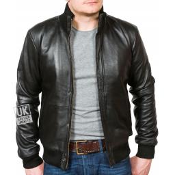 Men's Black Leather Bomber Jacket - Pacific - Open