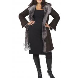 FINEST 3/4 Knee Length Toscana Sheepskin Coat - Monroe - Brown / Snow Tipped - Front 2