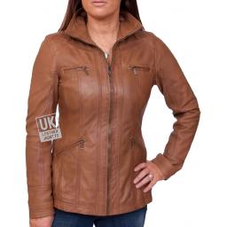 Womens Tan Leather Jacket - Muse - Hip Length - Front