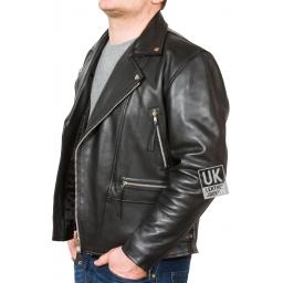 Men's Cross Zip Biker Jacket - Superior Black Cow Hide - Ramones - Side