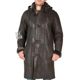 Mens Shearling Sheepskin Duffle Coat - Detach Hood - Colorado - Matt Brown - Option to Turn Cuff Back