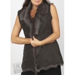 Long Toscana Sheepskin Gilet in Grey - Front