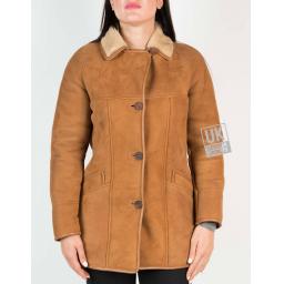 Womens Tan Shearling Sheepskin 3/4 Length Car Coat - Honor - Button Front