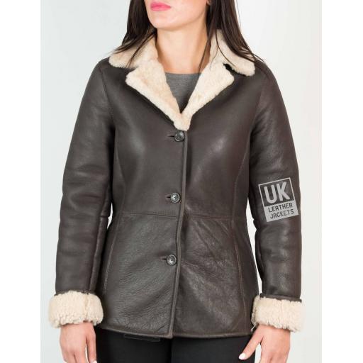 Womens Button Shearling Sheepskin Jacket - Hip Length - Nita - Revered Lapel Collar