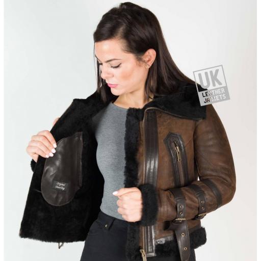 Womens Belted Shearling Sheepskin Jacket – Alana - Vintage Brown - Lining