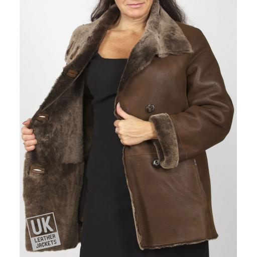 Finest Shearling Sheepskin Hip Length Jacket - Felice - Maple Brown - Lining