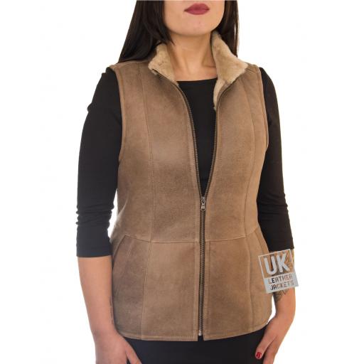 Womens Shearling Sheepskin Zip Gilet - Taupe - Front