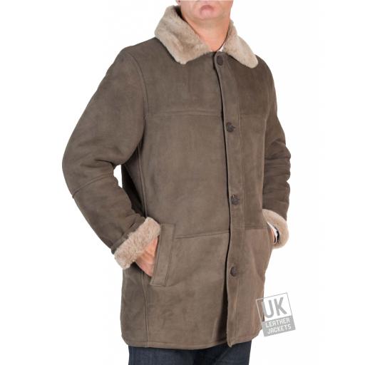 Mens Shearling Sheepskin 3/4 Length Coat - Sunningdale - Grey - Turn Back Cuffs