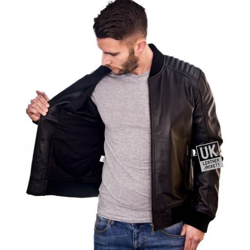 Men's Black Leather Bomber Jacket - Ventega - Lining